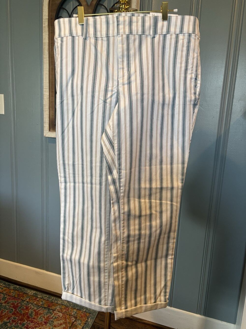 Loft Quality Girlfriend Chino Women's Cream Aqua Gold Stripe Size 14 NWT Pants